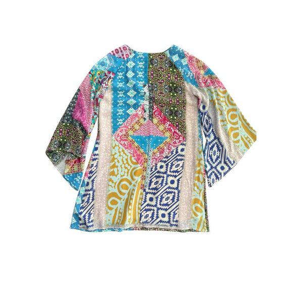 Lavender Brown Women's Multicolor Silk Bell Sleeve V-Neck Shift Dress Size Small - Picture 4 of 4